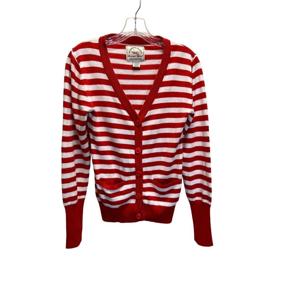 Sweet Girl My Favorite Sweater Red White stripe cardigan size med